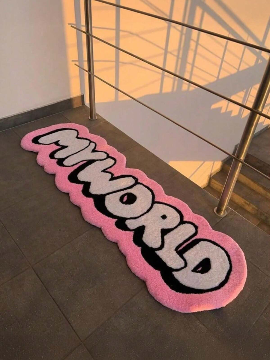 1pc Faux Wool Rug With "My World" Funny Text Pattern, Machine Washable - Asymmetric Shape, Suitable For Bedroom, Indoor Decor, Christmas, Thanksgiving, Father's Day - Pink With Black Letter Design