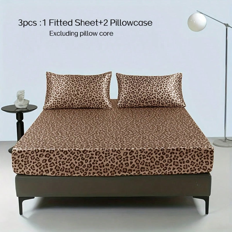 3pcs Leopard Print Satin Fitted Sheet Set (1 Fitted Sheet + 2 Pillow Shams), Modern Design Polyester Fabric With High Luster, Fit For Home And Decor