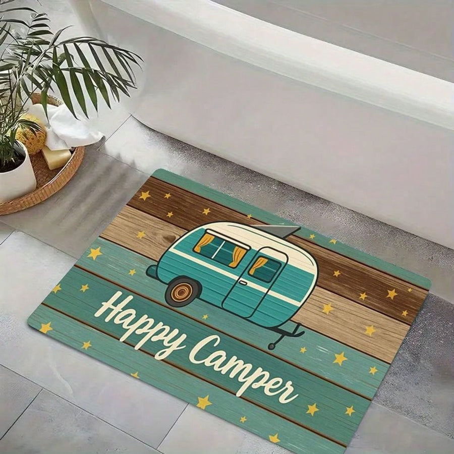 1pc Happy Camper Vintage Trailer Rug - Non-Slip Rubber Backing Water Absorbent Washable /Outdoor Suitable For Camping, RV,, - Vintage Decorative Mat