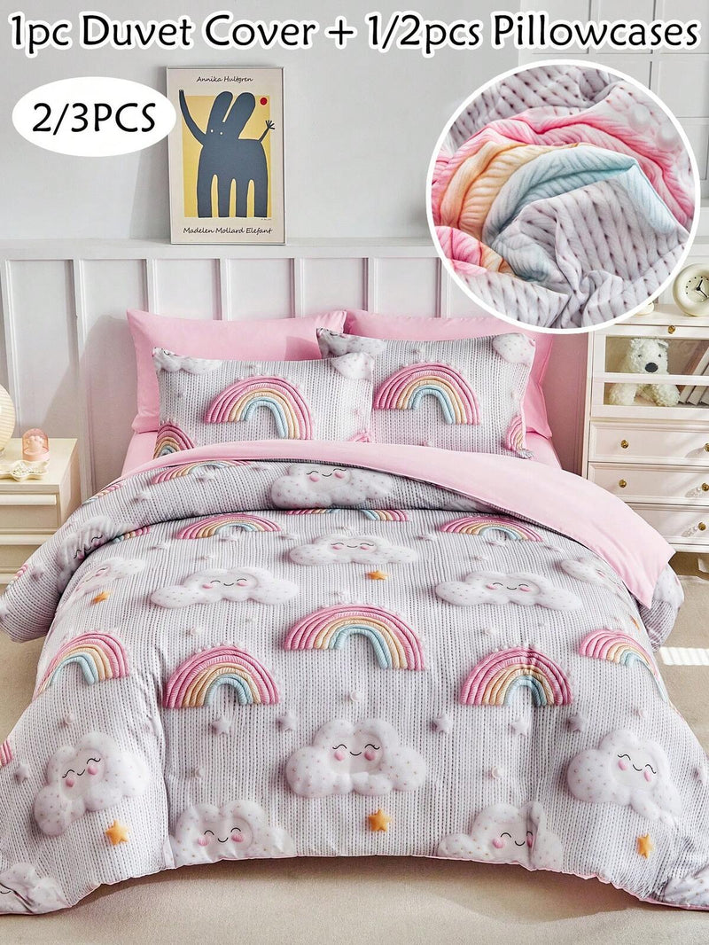 2/3pcs Cartoon Rainbow Sky Pattern Digital Print Duvet Cover Set, Pink Cute Campus Style Polyester Bedding Set, Suitable For All Seasons, Bedroom Decor, Soft And Breathable, Machine Washable (1 Duvet Cover + 1/2 Pillowcases, No Fillers)