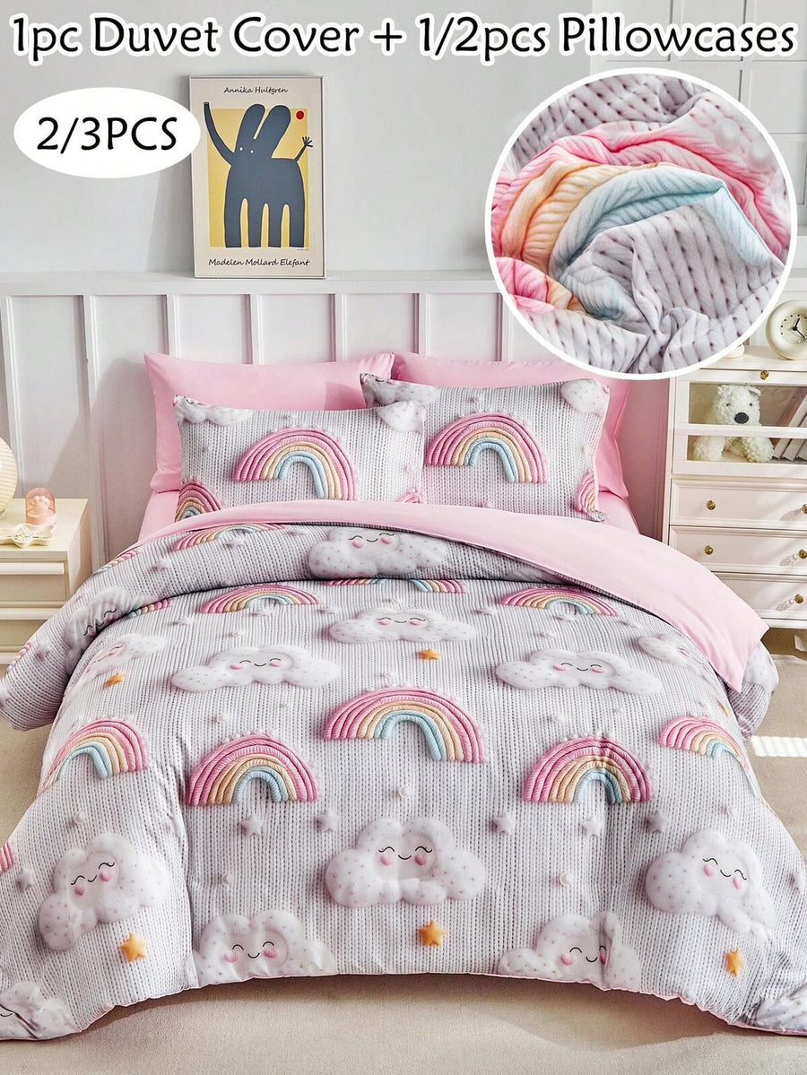 2/3pcs Cartoon Rainbow Sky Pattern Digital Print Duvet Cover Set, Pink Cute Campus Style Polyester Bedding Set, Suitable For All Seasons, Bedroom Decor, Soft And Breathable, Machine Washable (1 Duvet Cover + 1/2 Pillowcases, No Fillers)