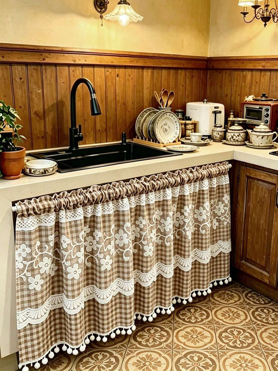 1PC Plaid Kitchen Short Curtain, With Lace Trim And Pom Pom Decoration, Rod Pocket Sink Cabinet Curtain, American Country Pastoral Style Half Curtain, Suitable For Kitchen / Cafe / Bedroom Decor